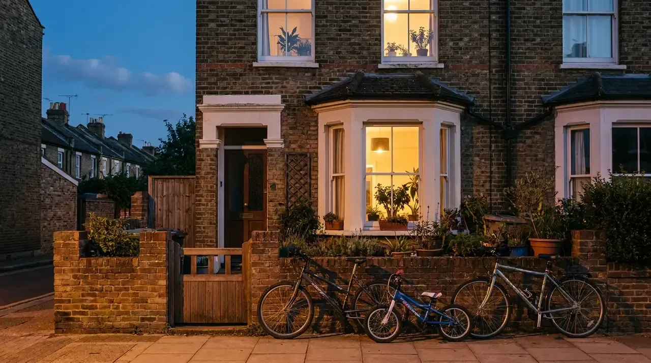 A lived-in Victorian terraced house at dusk
